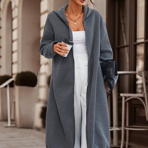 Dark Grey Casual Womens Drop Shoulder Drawstring Hem Zip Up Hoodie - Picture 5 of 7